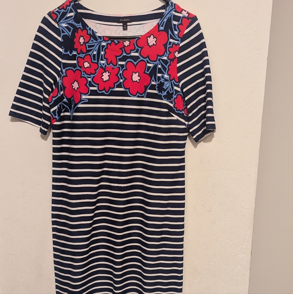 Talbots Floral Striped Navy white flowers  short sleeve dress size medium